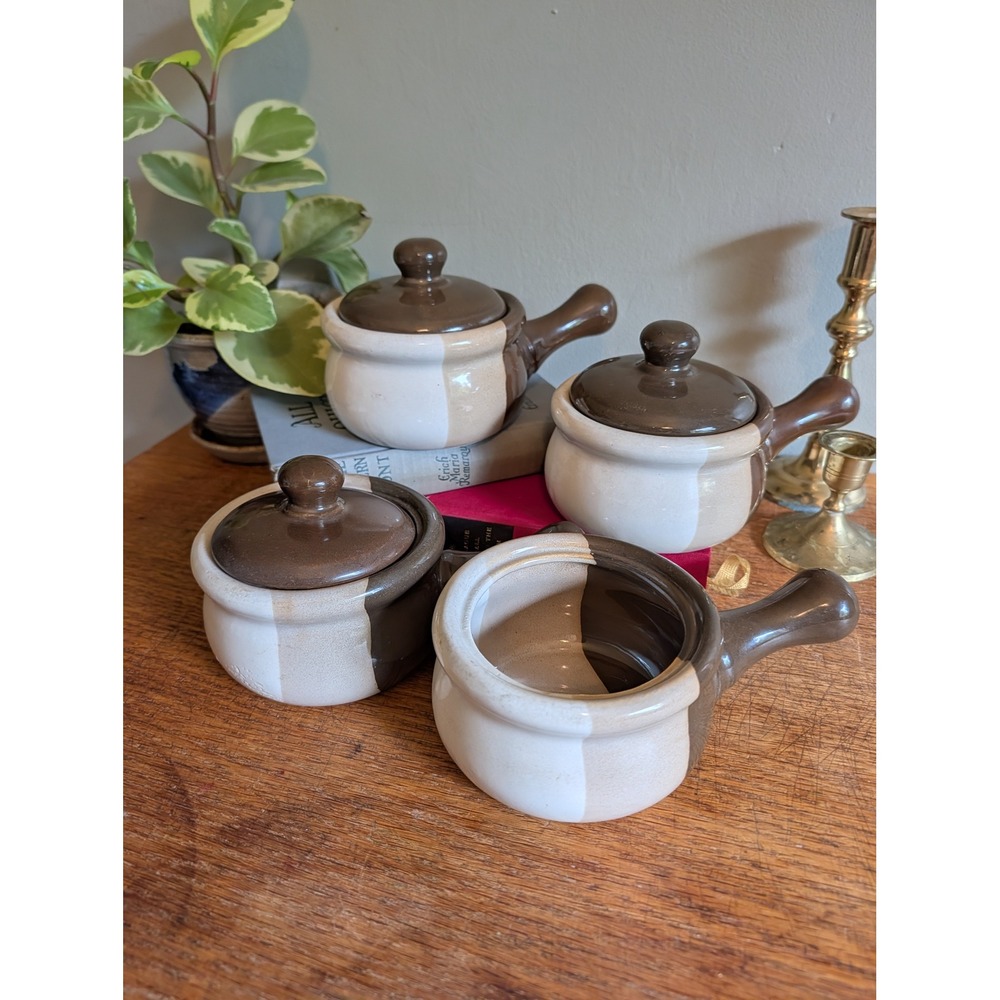 Vintage Stoneware French Onion Soup Bowls Set of 4 Brown Cream Tan 3 with Lids